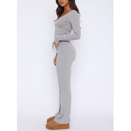 LACOZY Ladies Cotton Pajamas Set Long Sleeve Sexy V Neck Pj Set Y2K 2 Piece Lounge Workout Set Tracksuit for Yoga Grey M