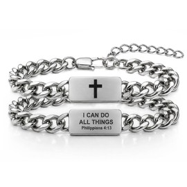 Bible Verse Cross Bracelet For Men, Stainless Steel Cuban Link, Christian Style Men's Bracelet, It Is The Best Gift for A Husband, Boyfriend, Father, Friend, or Brother. 7.8-inch + 2-inch extension chain (Silver)
