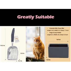 Vitisyao Large Cat Litter Scoop and Holder, Aluminum Cat Litter Scooper, Fast Sifting Kitten Poop Lifter with Scooper Caddy (Grey)