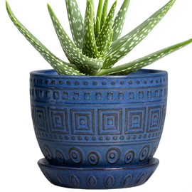 G EPGardening Plant Pots Indoor 5 Inch - Ceramic Pot for Plants with Drainage Hole and Saucer Round Planter Outdoor Modern Flower Pot Home Office Decor Blue