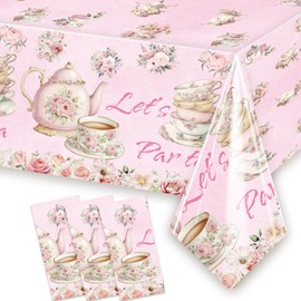 3 PCS Pink Floral Tea Tablecloth 54'' x 108'' Let's Par Tea Table Cover for Teapots Teacups Theme Girls Par Tea Baby Shower Floral Birthday Engagement Bachelorette Party Table Supplies Decorations
