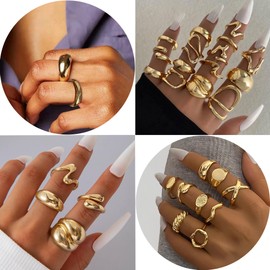 MEDOJO 24 Pcs Gold Chunky Rings for Women Stackable Knuckle Rings Gold Plated Braided Twisted Round Signet Rings Adjustable Open Ring Band Statement Jewelry