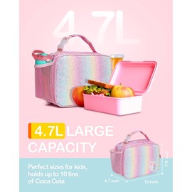 Bagseri Lunch Bag for Girls - Kids Lunch Box for Girls Reusable Leak-Proof and Insulated Kids Lunch Bag With Water Bottle Holder Toddler Lunch Box for Daycare and School, Glitter Pink Unicorn