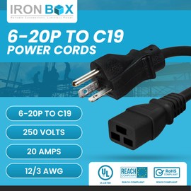 IronBox Electric 6-20P to C19 Power Cords Rated 20A, 250V, 12/3 AWG - UL Listed Extension Cable Adapter - Power Supply Cables- Heavy Duty Plug and Cord for Computer, Data Centers & More (3ft, Molded)