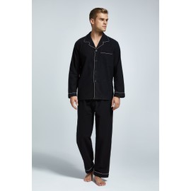 TONY AND CANDICE Men’s Flannel Pajama Set, 100% Cotton Long Sleeve Sleepwear (XX-Large, Black with White Piping)