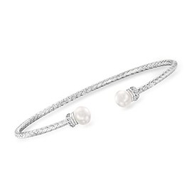 Ross-Simons Charles Garnier 5.5-6mm Cultured Pearl Cuff Bracelet in Sterling Silver With CZ Accents. 7.5 inches