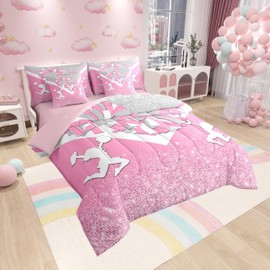 Cheerleading Girls Comforter Set Bed in a Bag 7 Pieces Queen,Gymnastics Gymnast Silhouette Bedding Set,Pink Sequin Girls (Comforter+Fitted+Flat Sheet+2 Pillowcases+2 Throw Pillow Covers)