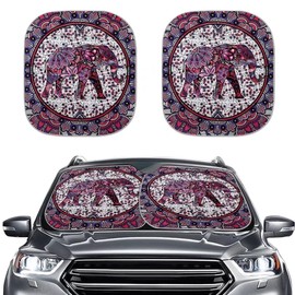 JoyLamoria Boho Hippie Elephant Print Car Windshield Sun Shade 2 Pieces Front Window Sunshade Universal Fit,Sun Visor Protects Your Car Interior. Block UV Sun and Heat