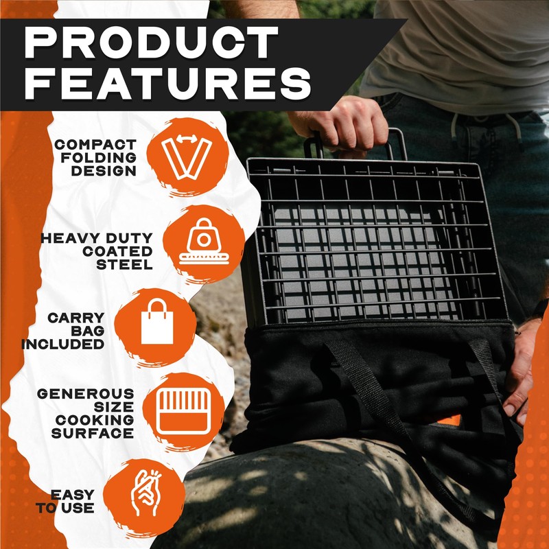 Adv Seeka 24" Heavy Duty Folding Campfire Grill, Compact Folding