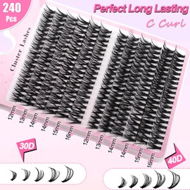 240-Piece DIY Eyelash Extensions Set, 0.07D Eyelashes, Individual False Eyelash Clusters with Eyelash Glue and Tweezers for Beginners, Reusable Eyelash Clusters (240P-30+40D)
