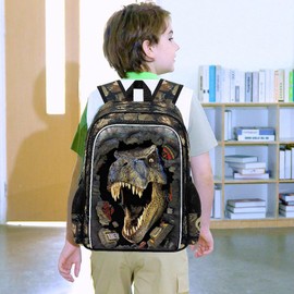 ZLYERT 16" Dinosaur Backpack for Boy, 3Pcs Kids School Bookbag for Elementary Preschool Kindergarten, School Backpacks with Lunch Box(Black)