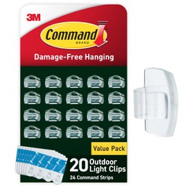 Command Outdoor Light Clips, 20 Clear Clips and 24 Command Strips, Damage Free Hanging Outdoor Light Clips with Weather Resistant Strips, Wall Clips for Hanging Outdoor Lights and Cable Management