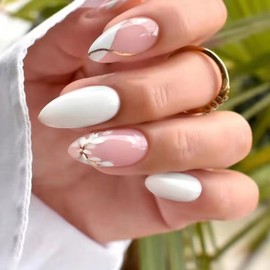24pcs Medium Almond Press on Nails Fake Nails with White Leaves Design Glossy Artificial Acrylic False Nails Full Cover Pink Glue on Nails Gold Swirl Reusable Stick on Nails for Women Manicure…