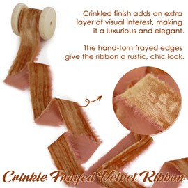 HUIHUANG Cinnamon Velvet Ribbon 1 inch Frayed Velvet Ribbon Orange Crinkled Silk Velvet Ribbons for Ornaments Crafts, Christmas Tree Decoration, Fall Decor, Wreaths, Gift Wrapping, Flower Bouquet