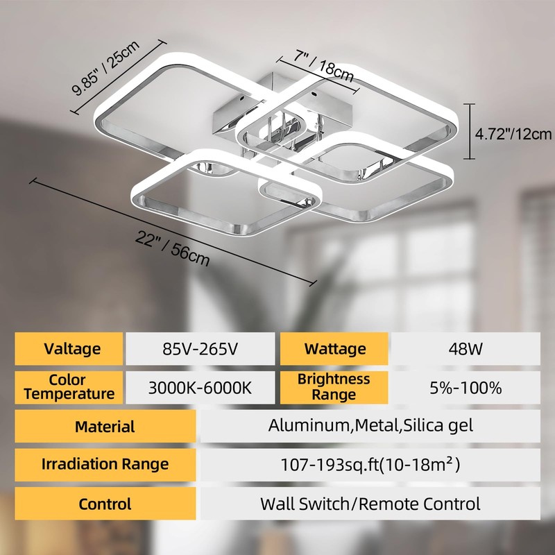 Dimmable Modern Led Ceiling Light, 4 Rings Square Ceiling Lamp