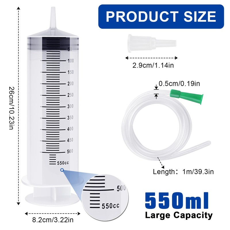 550 ml Syringe with Hose, Plastic Syringe with Cap, Large