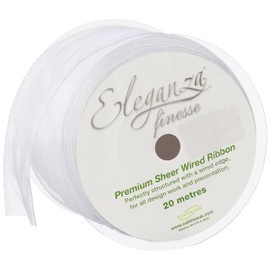 ELEGANZA 70 mm x 20 m Wired Edges Sheer Ribbon, Woven, White, 12 x 12 x 7 cm