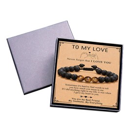 AIQIUQIU Mens Gifts Bracelet for Boyfriend Husband, Adjustable Braided Cord Tiger Eye Stone Bracelet, Birthday Gifts for Him Mens Bracelet with Quote Card- TO MY LOVE, and Exquisite Packaging Box