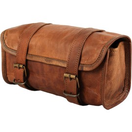 american blue Vintage Genuine Goat Leather Motorcycle Bag 2 Strap Buckle Closure Brown Tool Bag Quick Release Reinforced Handlebar Fork Leather Bike Bag (Pattern 1)