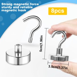 ZITUZY Pack of 8 Magnetic Hooks, 35 mm Magnets with Hooks, Magnets Extra Strong, Magnetic Hooks for Kitchen, Garage, Office (Silver)