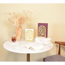 CNK Premium Bookends, Metal Book Stoppers for Heavy Books, Home Office & Decor (Lily Flower Gold)