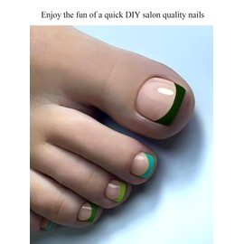 EBANKU 32Pcs Semi-Cured Gel Nail Strips Toes, Green Deep French Gel Nails Strips for Toes, Long-Lasting French Manicure Stickers Salon Nails at Home Requires UV Light with Nail File&Stick