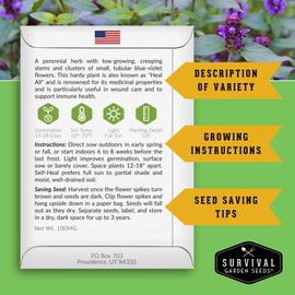 Survival Garden Seeds Self Heal Seed for Planting - 5 Packs with Instructions to Plant & Grow All-Heal Perennial Medicinal Herb Plants in Your Home Flower & Herb Garden - Non-GMO Heirloom Variety