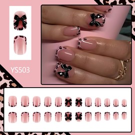 OHWODA Leopard French Tip Press on Nails Short Square Fake Nails Glossy Pink Full Cover 3D Black Bow Designs Glue on Nails Cute False Nails Reusable Stick on Nails for Women Manicure DIY 24Pcs