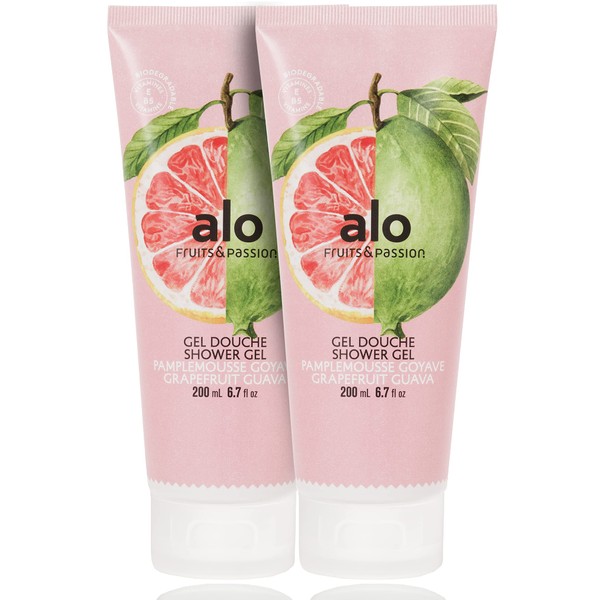 Fruits & Passion [ALO] - Grapefruit Guava Shower Gel Body Wash (2-Pack), Moisturizing Coconut Oil Formula Natural Vegan, Cruelty-Free Hydrating Soap for Men, Women, & Sensitive Healthy Skin (13.5 oz)