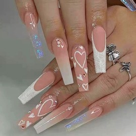 Heart Press on Nails Long Coffin Fake Nails White French Tip False Nails with Designs White Glitter Shiny Hearts Acrylic Artificial Nails Natural Nude Full Cover Nail Tips Valentines Nails for Women