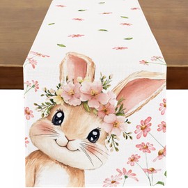 Baccessor Easter Table Runner Bunny Rabbits Pink Daisy Floral Runner for Table Kitchen Dinning Table Decor for Spring Seasonal Holiday Home Easter Decoration 13x90 Inch