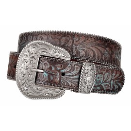 Western Scroll Hebilla con cinturón de piel café grabado en relieve turquesa, Marrón, Medium