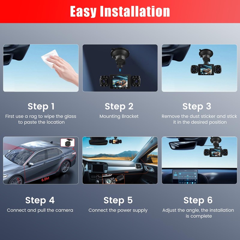 Fuluku 360 Degree Dash Cam View, 4 Channel Front Rear