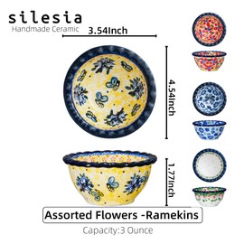Juego de 4 tazas de pudín de cerámica de silesia de 3 onzas, hechas a mano, para cocina en caja de regalo, apto para microondas y lavaplatos, 3.5 pulgadas, varias flores