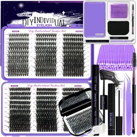 DNSGOOR DIY Lash Extension Kit 690Pcs D Curl Individual Lash Clusters Eyelashes Extension Set with Mirror Lash Storage Box Lash Bond&Seal Glue Remover Tweezers Lash Brush Applicator