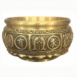 Classic Feng Shui Brass Wealth Bowl - Chinese Money Attraction Vessel for Home/Office Decor, 5"x5"x2.5", 1.12 lbs
