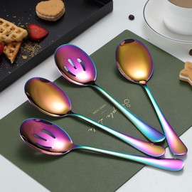 Rainbow Serving Spoons 4 Pieces, Kyraton Titanium Plating Serving Spoon, Include 2 Serving Spoon And 2 Slotted Spoons, Stainless Steel Serving Utensils, Serving Set Packing of 4