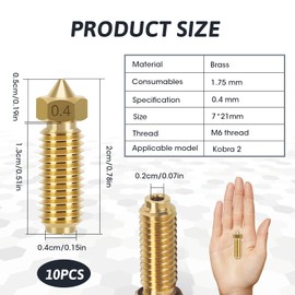 Pack of 10 0.4 mm Brass Nozzles Compatible with Anycubic Kobra 3 Combo Cobra S1, 3D Printer Brass Stainless Steel Hotend Nozzles Extruder 1.75 mm Compatible with FDM Filament, 3D Printer Accessories