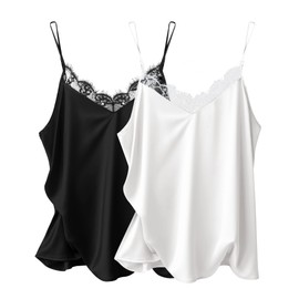 Ekouaer Women's 2 PCS Silk Satin Tank Top Lace Cami Spaghetti Strap Top Camisoles