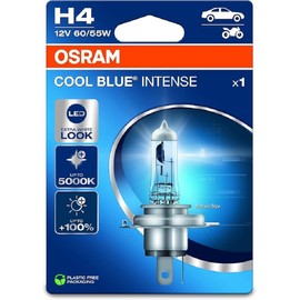 Osram Cool Blue® Intense H4, +100% More Brightness, Up to 5,000 K, Halogen Headlamp, LED Look, Single Blister (1 Lamp)