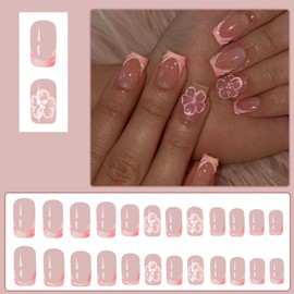 Viugex Press on Nails Short Square Nails with 3D Flower Beads Design, Natural False Nails, Shiny Gel Fingernails for Gluing, Full Cover Artificial Nails, Fake Nails for Women, Pack of 24