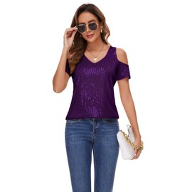 BILIKE JOMEX Womens Sparkly Sequin Top V Neck Cold Shoulder Glitter Short Sleeve Dressy Party Blouse Shirts Purple L