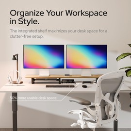 KIVY Dual Monitor Riser With Integrated Metal Shelf [MADE BY HAND] - Wooden Desk Shelf for 2 Monitors - Wide Long Stand for Desk (44 x10x3in - Oak)