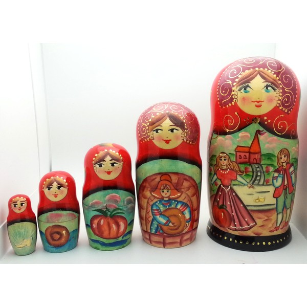 Cinderella Fairy Tale Nesting Dolls Russian Hand Carved Hand Painted