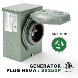 NVJJ 50 Amp NEMA SS2-50P Generator Power Inlet Box for 3 Prong Generator Cord, 125/250 Volt, 12500 Watts, Weatherproof, Anty-rust,Outdoor Use, ETL Listed…