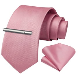 HISDERN Mens Dusty Pink Tie Solid Color Wedding Necktie and Pocket Square, Classic Tie Clip Set for Men-Multiple Colors