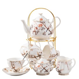 Jusalpha Fine China Bird Tree Pattern Coffee Cup/Teacup Set, 8 OZ Cups& Saucer Service for 4, with Teapot-Sugar Bowl-Cream Pitcher Teaspoons and tea strainer for Tea/Coffee, 17-Pieces (Bird Tree)
