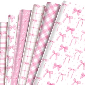 Jajajuegos 12 Sheets Pink Bow Wrapping Paper - 6 Styles (Floral, Plaid, Heart & Bow Patterns) Gift Wrap Paper for Girls’ Birthday, Bachelorette, Bridal Shower, Baby Shower (19.7''x27.6'')