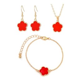 Multicolor Blossom Flower Earrings Necklace and Bracelet Set Lucky Five-leaf Clover Blossom Flower Jewelry Set for Women Gift-Red