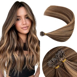 Elailite Nano Beads Hair Extension Real Human Hair 50 Strands 50g Cold Fusion With Nano Ring Micro Rings Remy Hair Straight (#4/27 Medium Brown Mix Dark Blonde, 18 Inch)